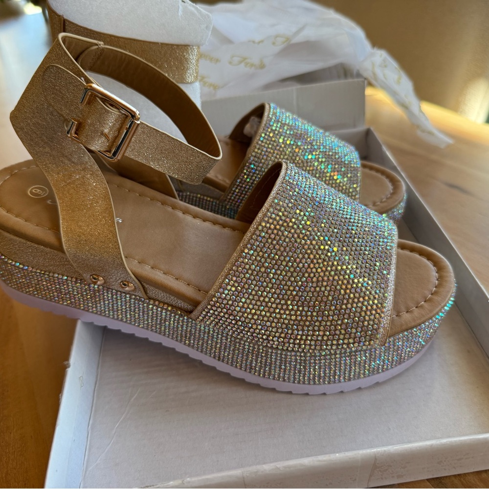 Gold Glitter Sandals with Ankle Strap